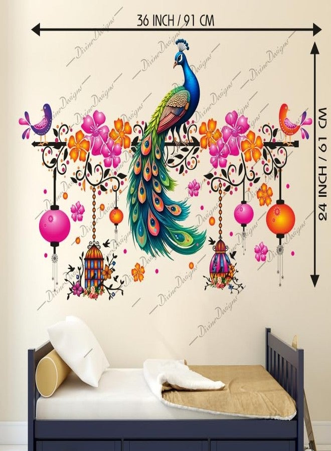 DivineDesigns ملصق حائط ذاتي اللصق من الفينيل PVC بتصميم أقفاص زهور برتقالية ووردية على شكل طاووس من DivineDesigns لتزيين المنزل/غرفة المعيشة (متعدد الألوان) - Image 3